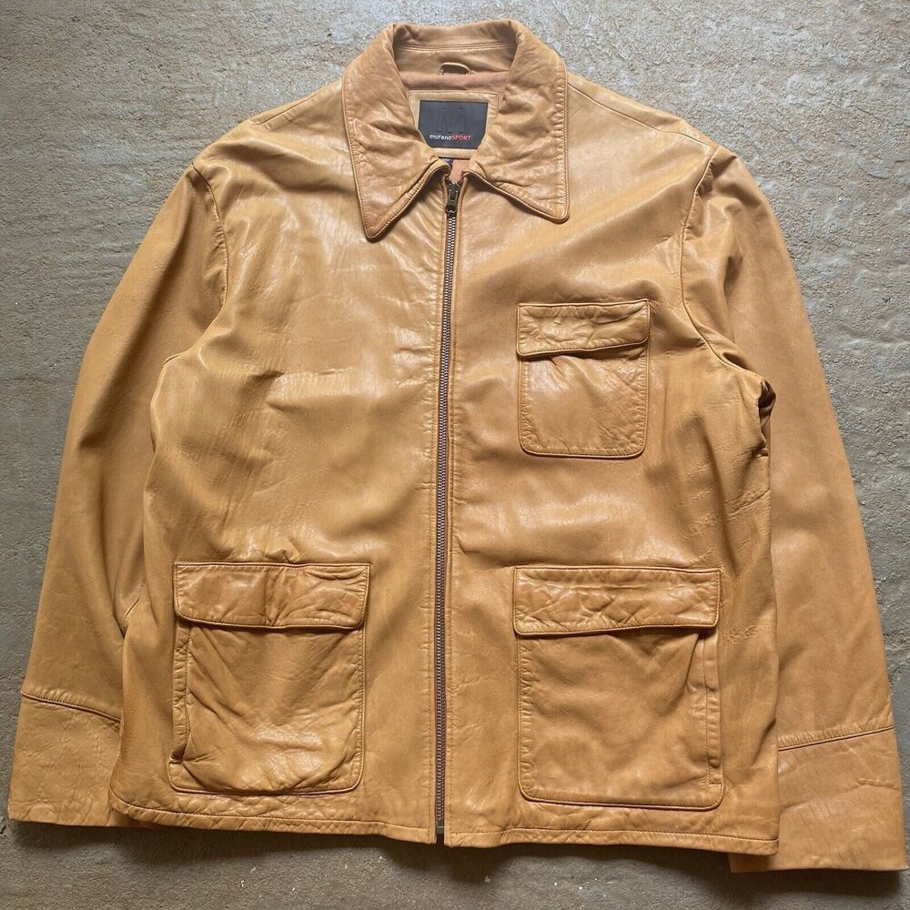 Vintage Murano Sport Lamb Skin Leather Jacket Mens Size XL Cream Brown